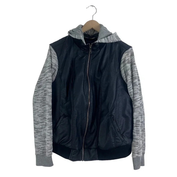 Torrid Black Faux Leather & Marled Grey Terry Bomber Jacket Size 1 Hooded - Picture 2 of 10